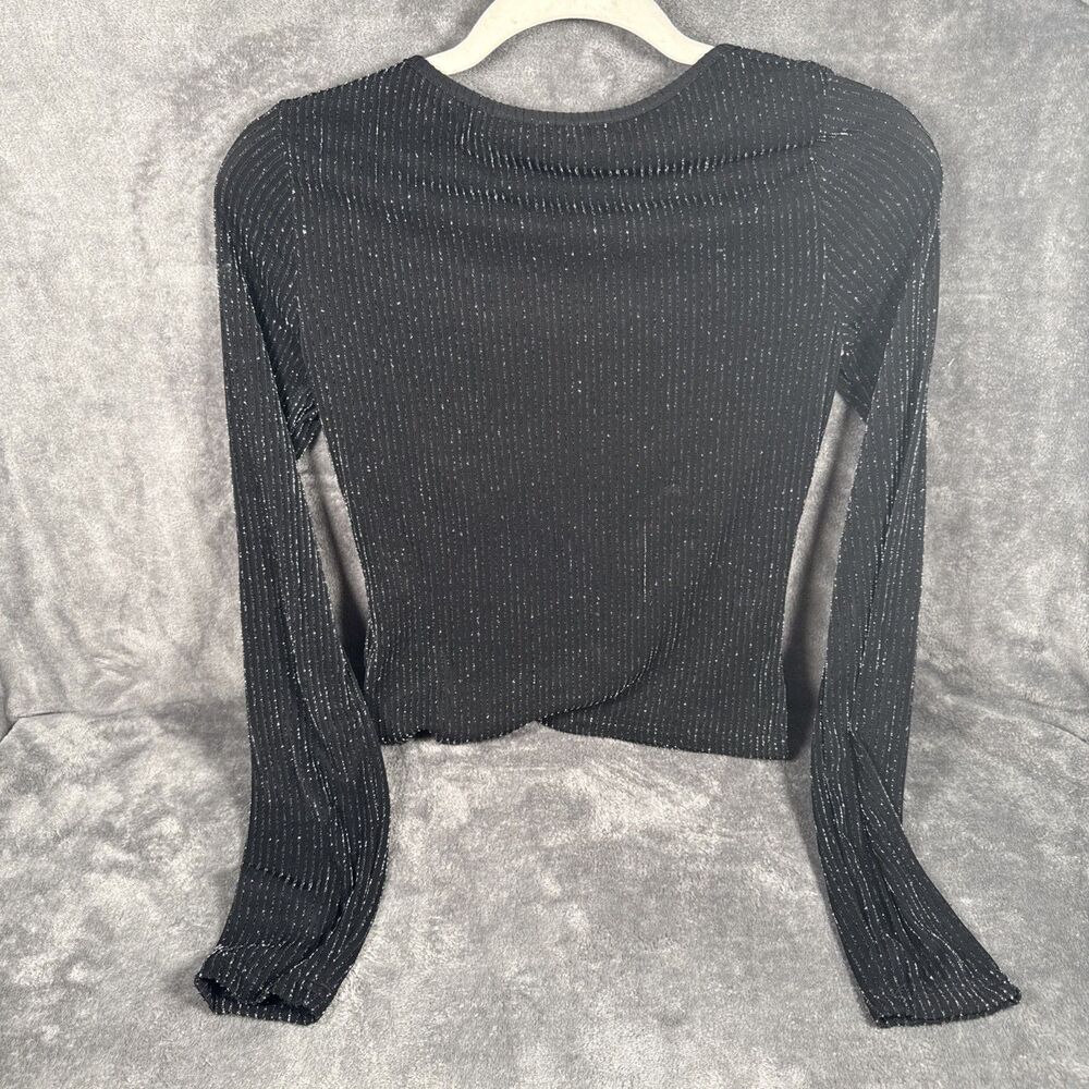 Shein Long Sleeve Crop Top Women's M Ribbed V Neck Sweetheart Black Shimmer - Picture 4 of 4